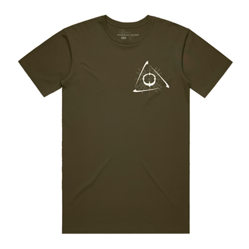 Olive green Arcs & Angles t-shirt by Combat Base, featuring geometric design elements on the front and back.