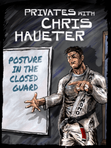 Artistic poster image for the video 'Posture in the Closed Guard,' featuring a hand-drawn illustration of a person in a BJJ gi standing confidently in front of a whiteboard with the video title, showcasing the educational and instructional aspect of the content.